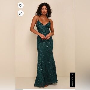 Lulus Photo Finish Forest Green Sequin Lace-Up Maxi Dress Size S